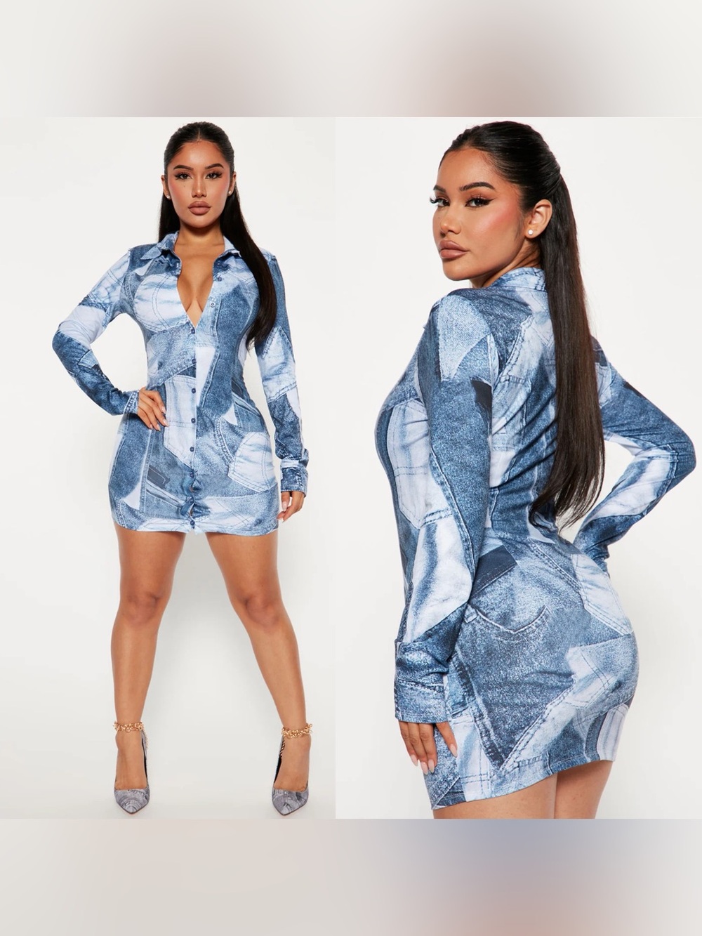 Fashion Nova | Denim-Print Button Mini Dress | NWOT | L